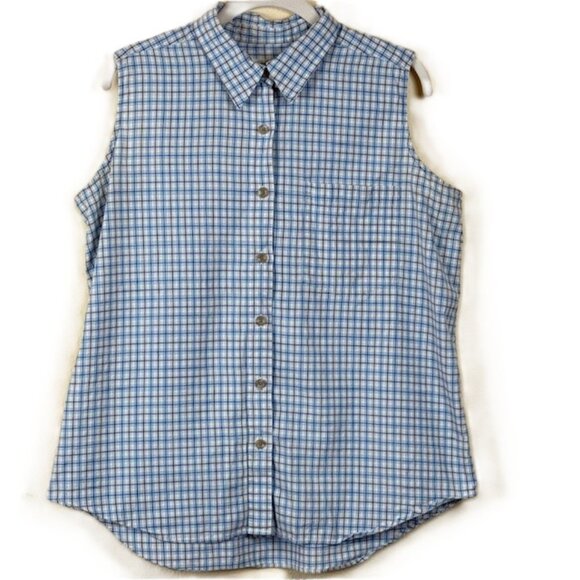 Eddie Bauer Tops - Eddie Bauer Top Womens L Sleeveless Button Up Blue Plaid Lightweight Outdoor